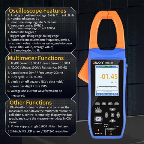 Цифровой осциллограф Owon CMS101 1000A AC/DC Clamp Meter с многофункциональным тестером регистрации по Bluetooth