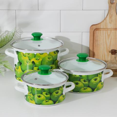 Набор эмалированных кастрюль 'Поздние яблоки', 3 шт. 1.5 л, 2.3 л, 5 л, индукция, белый