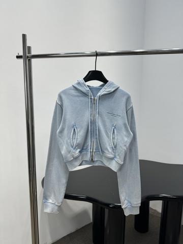 Ветровка Alexander Wang 26 с капюшоном небесно-голубая хлопковая с кристаллами  вышивкой  утяжкой  короткая  на молнии