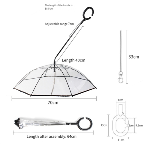 Зонт с поводком для маленьких домашних животных Зонт для собак Подходит для домашних животных с длиной спины 27,5 дюймов, О-образная ручка, Прозрачная поверхность зонта