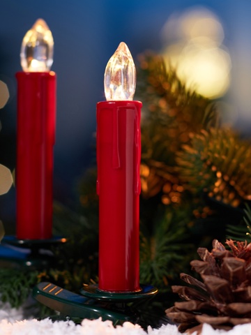 Светодиодные 'Свечи на прищепках красные' 11 см, набор 10 шт., 10 LED, от батареек ААх10, пульт, свечение тёплое белое