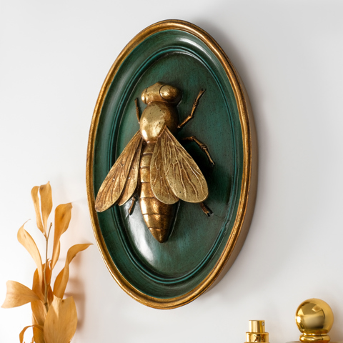 Панно настенное 'Золотая муха', полистоун, декор, тёмно-зеленый, 20x4.5x26.5 см