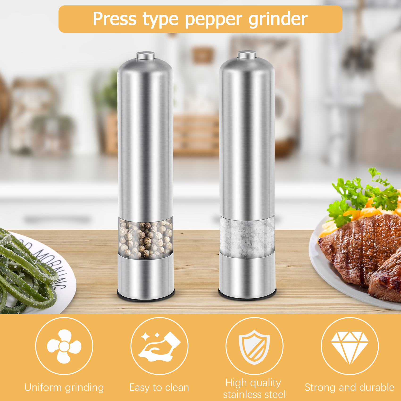 Круглая перцемолка в виде пресса, Электрическая мельница из нержавеющей стали, мельница для соли или перца-Серебристого цвета-С подсветкой