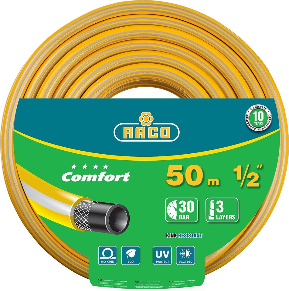 

RACO COMFORT, 1/2″, 50 м, 30 атм, трёхслойный, армированный, поливочный шланг (40303-1/2-50)