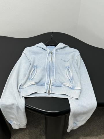 Ветровка Alexander Wang 26 с капюшоном небесно-голубая хлопковая с кристаллами  вышивкой  утяжкой  короткая  на молнии