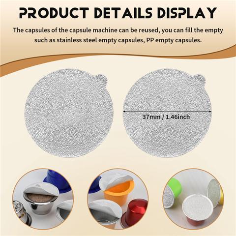 100шт Клейкие крышки из алюминиевой фольги, уплотнители, наклейки для наполнения одноразовых пустых кофейных капсул Nespresso, Многоразовая крышка 37 мм