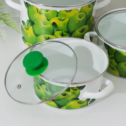 Набор эмалированных кастрюль 'Поздние яблоки', 3 шт. 1.5 л, 2.3 л, 5 л, индукция, белый