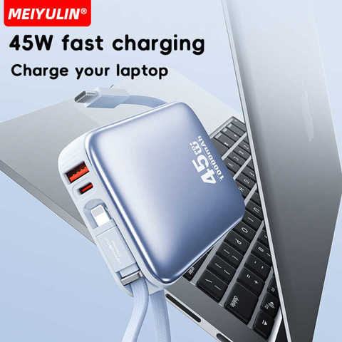 Аккумулятор Power Bank 20000 мАч 45W, встроенный кабель для быстрой зарядки ноутбуков, компактный дизайн, сертификация 3C