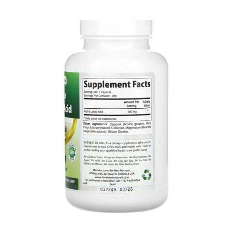 Best Naturals, Альфа-липоевая кислота, 600 мг, 240 капсул