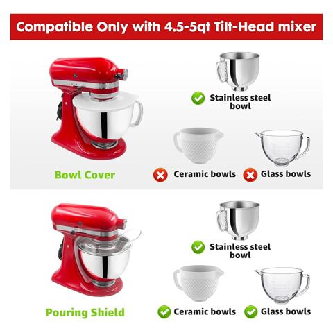 Для миксеров KitchenAid емкостью 4,5-5 Кварт с наклонной головкой установите защитный экран для заливки и крышки чаш миксеров, защищающие миксер от брызг.