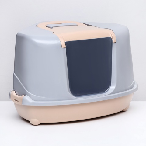 Туалет-домик угловой для кошек, 57x46x37 см, закрытый, с дверцей, бежевый, серый