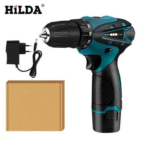 Беспроводная дрель-шуруповерт Hilda 12V с двумя скоростями вращения, перезаряжаемая литиевая батарея, светодиодная подсветка, 2 шт.