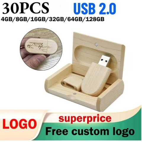 30 Шт./лот Деревянные Флешки С КоробКой Бесплатное НаНесеНие Логотипа USB-флешки 4GB 8GB 16GB 32GB 64GB USB 2.0 Память Для