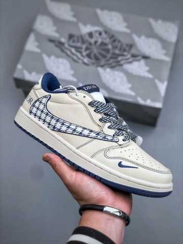 Коллаборация Dior Полные AIR JORDAN 1 Бежевая Кожа Основа Тёмно-Синие Детали Лучшая цена Обувь кроссовки