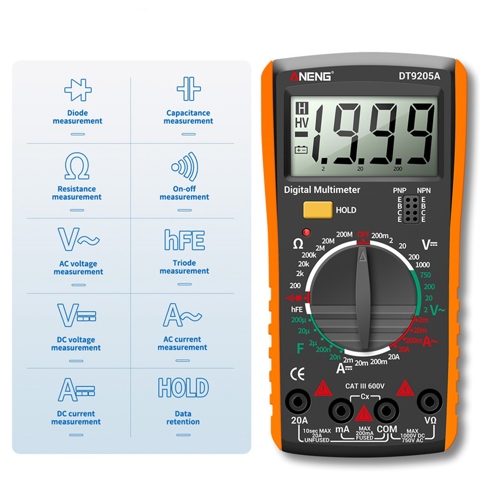 ANENG DT9205A Цифровой мультиметр AC / DC Транзисторный тестер Электрический тестер NCV Профессиональный аналоговый Автоматический диапазон Желтый