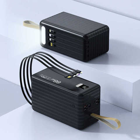 Мощный внешний аккумулятор 100000 мАч, 66W быстрая зарядка, встроенный кабель, PD3.0, для работы и развлечений