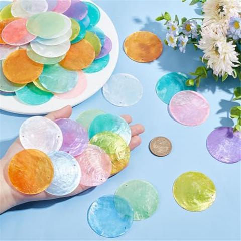 2-дюймовый 8-цветной круглый нарезанный диск Capiz Shell, соединитель для бусин из морской раковины с двойными отверстиями 1,5 мм для крафта