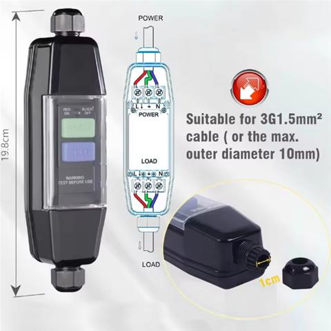 Встроенный разъем УЗО для защиты от поражения электрическим током, защита от остаточного тока 30 мА, Промежуточный предохранительный выключатель PRCD для наружного применения