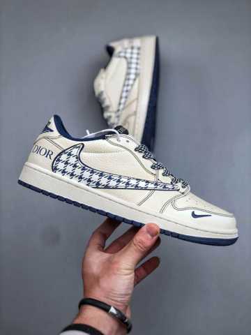 Коллаборация Dior Полные AIR JORDAN 1 Бежевая Кожа Основа Тёмно-Синие Детали Лучшая цена Обувь кроссовки