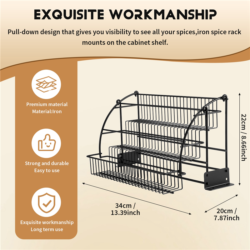 

Металлическая 3-ярусная выдвижная полка для специй - Легкий доступ к выдвижной Кухонной полке-органайзеру большой емкости для хранения кухонных принадлежностей в шкафу