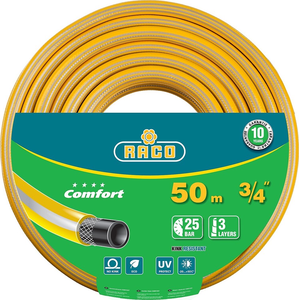 

RACO COMFORT, 3/4″, 50 м, 25 атм, трёхслойный, армированный, поливочный шланг (40303-3/4-50)