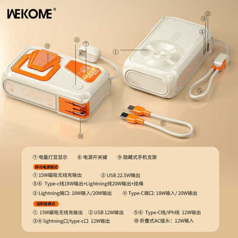 Портативный Зарядник WEKOME Plug Power Bank 20000Mah С Беспроводной Магнитной Зарядкой 22.5W И Встроенным Кабелем