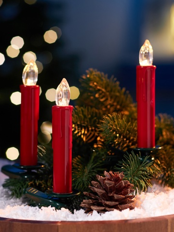 Светодиодные 'Свечи на прищепках красные' 11 см, набор 10 шт., 10 LED, от батареек ААх10, пульт, свечение тёплое белое