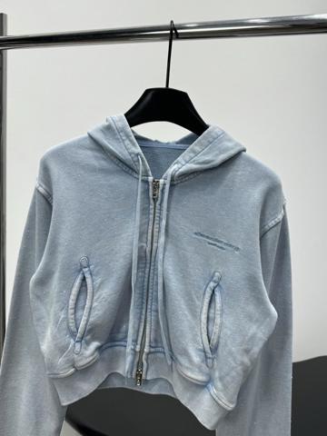 Ветровка Alexander Wang 26 с капюшоном небесно-голубая хлопковая с кристаллами  вышивкой  утяжкой  короткая  на молнии