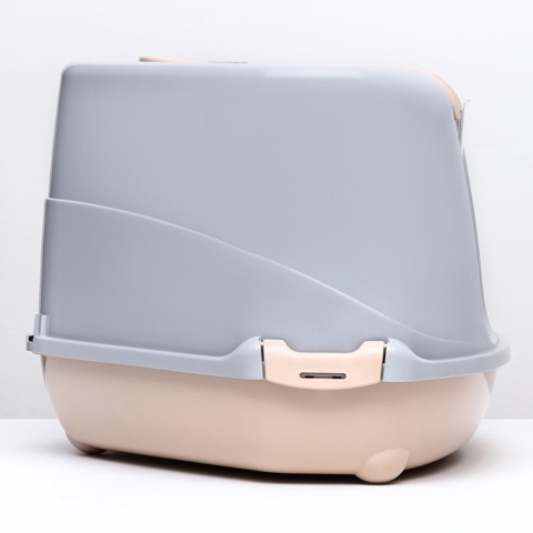 Туалет-домик угловой для кошек, 57x46x37 см, закрытый, с дверцей, бежевый, серый