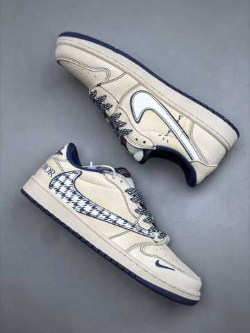 Коллаборация Dior Полные AIR JORDAN 1 Бежевая Кожа Основа Тёмно-Синие Детали Лучшая цена Обувь кроссовки
