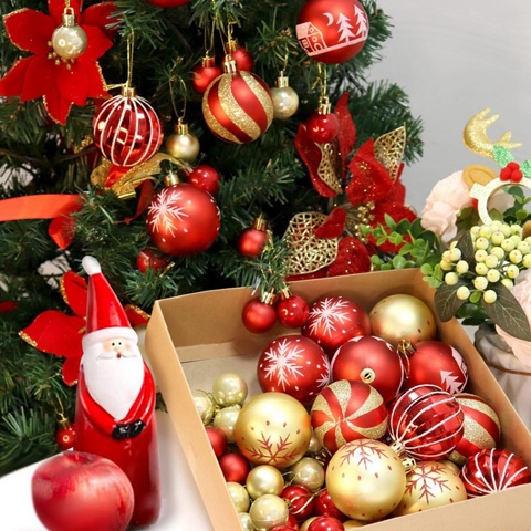 44шт Рождественские шары Украшения для Рождественской елки - Красный и золотой 2 Размера Рождественские елочные украшения Шары с блестками