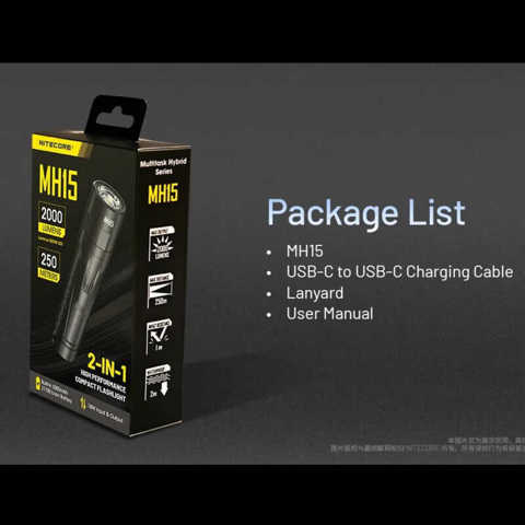 Фонарь NITECORE MH15 с USB-C зарядкой, светодиодный фонарь 2000 люмен, 18W быстрая зарядка, встроенный аккумулятор 5000mAh с фун