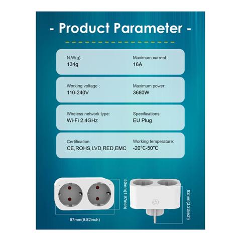 TUYA Smart Wifi Dual Plug 16A EU 2 в 1 Розетка Выключатель Smart Home Timing APP Голосовое управление работой B EU Plug