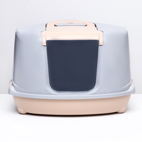 Туалет-домик угловой для кошек, 57x46x37 см, закрытый, с дверцей, бежевый, серый