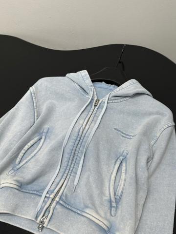 Ветровка Alexander Wang 26 с капюшоном небесно-голубая хлопковая с кристаллами  вышивкой  утяжкой  короткая  на молнии