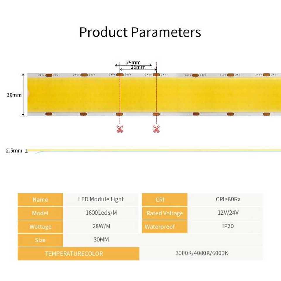 Ультраяркая COB LED 1600LEDs/m Ширина Печатной Платы 30 ММ РегулиРуемая Гибкая Лента FCOB 3000K 4000K 6000K DC24V