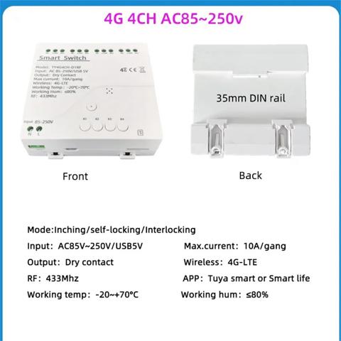 Tuya Smart Switch 4G LTE Relay with 433Mhz Smart GSM Switch APP Wireless Control 4G 4CH Remove Controller AC 85-250V