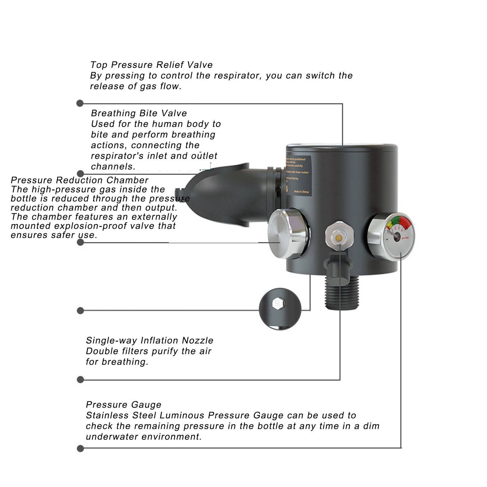

Клапан для подводного плавания с аквалангом M18x1.5 Редукционный клапан Дыхательная головка для кислородного баллона для подводного плавания