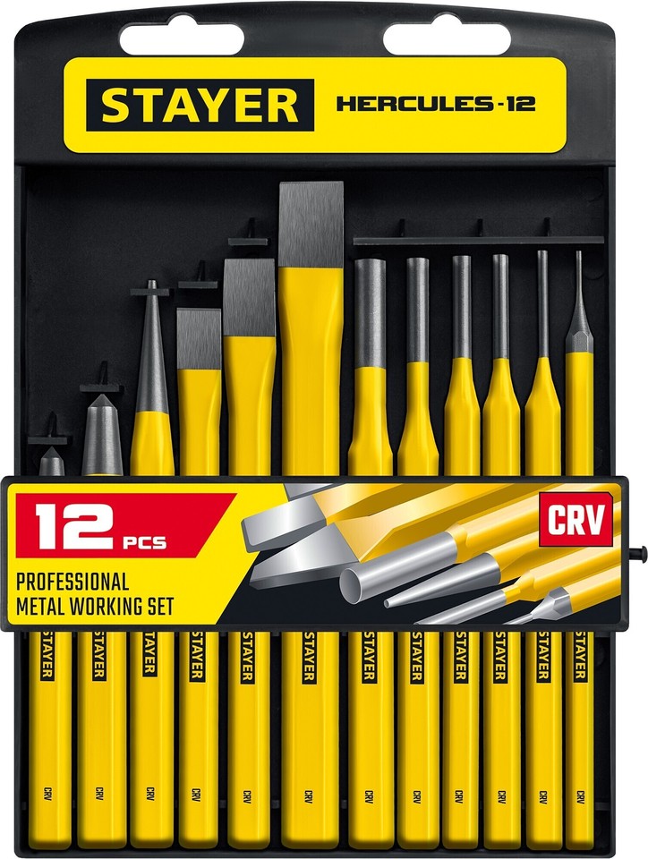 

STAYER Hercules, 12 предметов, набор зубил и кернеров в пластиковом держателе, Professional (21077-H12)