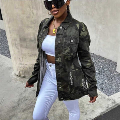 TC010101 Европейская АмерикАнскАя Женская Джинсовая КуртКа Пуговицами Камуфляжная С Рваными Краями И Эффектом Потертости