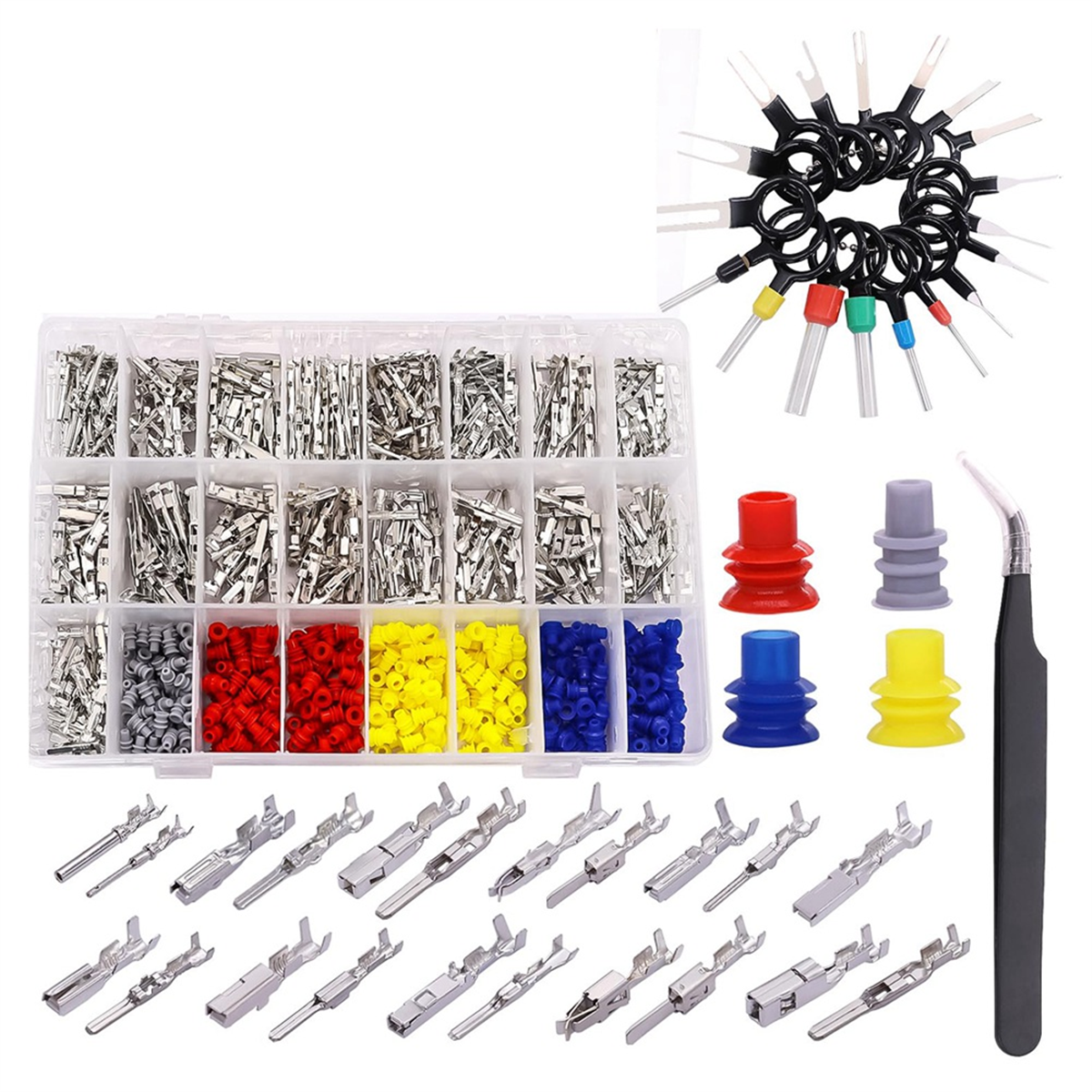 

Комплект соединителей для клеммных штифтов автомобильного электрического провода из 755 шт. 1/1.5/1.8/2.2/2.8/3.5 мм 21 Тип соединительных штифтов Terminal Auto