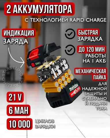 Гайковерт METABO аккумуляторный ударный, бесщеточный 2400 nm квадрат 3/4 6 mah 2 акк по 21V
