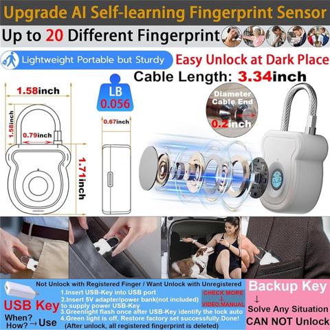 Навесной замок с отпечатками пальцев 20 пользователей 2X Для шкафчиков, для багажа, рюкзака, сумки, Умная комбинированная кабельная защелка для поездок в школу на автофургоне