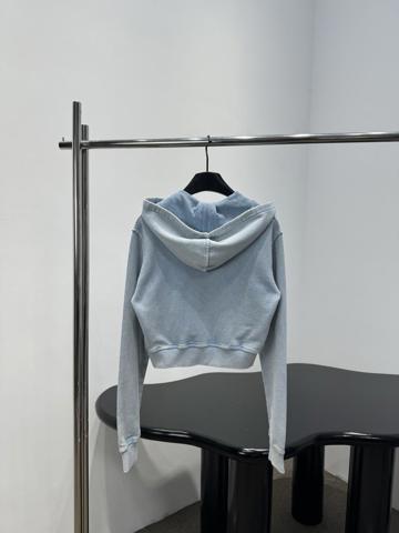 Ветровка Alexander Wang 26 с капюшоном небесно-голубая хлопковая с кристаллами  вышивкой  утяжкой  короткая  на молнии