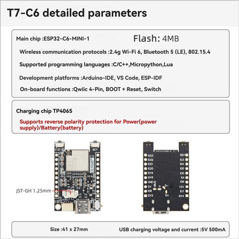 LILYGO T7-C6 ESP32-C6-MINI-1 Модуль Wi-Fi 6, Bluetooth 5, TP4065 Чип зарядки Встроенный переключатель сброса вборе Внешняя антенна