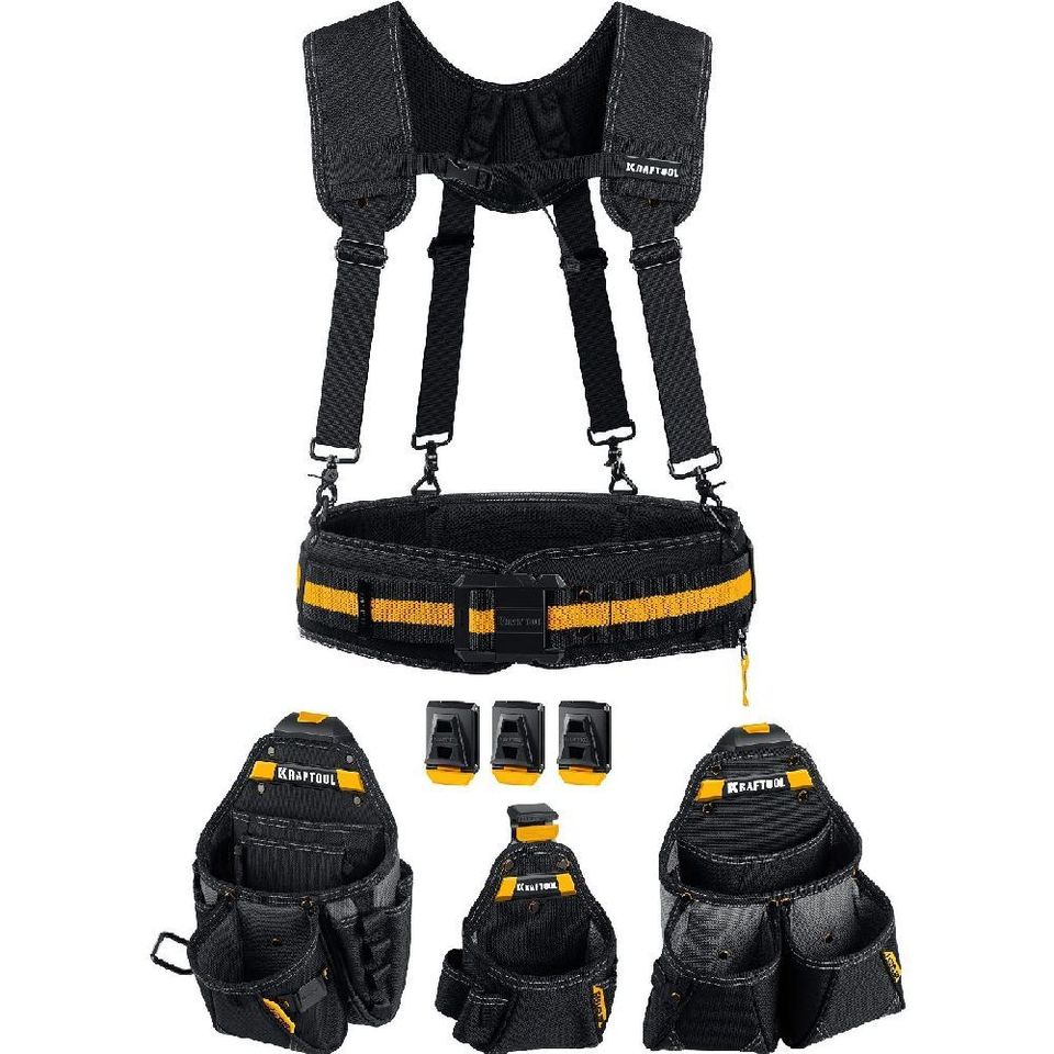 

Пояс монтажника в комплекте 3 сумки, пояс и подтяжки, 40 карманов и петель Kraftool 38760-5