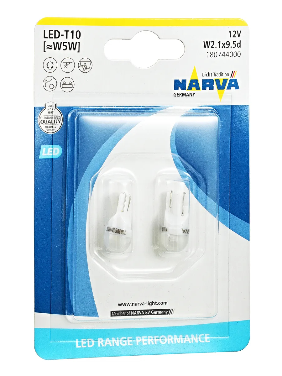 

Светодиодная лампа Narva 18074 W5W 6000K LED WHITE T10 Range Performance комплект 2 шт