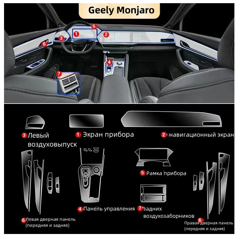 

Geely Monjaro 2023/ Полный комплект из матовой защитной пленки для салона