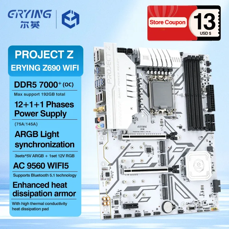 

Материнская плата ERYING Z690 DDR5 Wi-Fi 5 Материнская плата LGA 1700 с поддержкой ATX ARGB 14-го/13-го /12-го поколения I7-14700K I5-14600K CPU M.2 Placa Mae