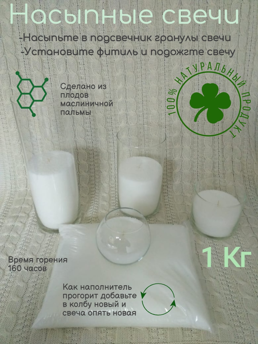 

Насыпные свечи порошок в гранулах «Coco Light» белые 1 Кг и 10 фитилей длиной 10 см
